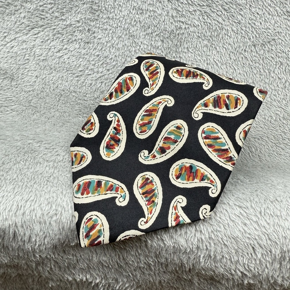 Christian Dior Silk Tie Paisley Geometric Pattern Black w/ Multicolor Design VTG